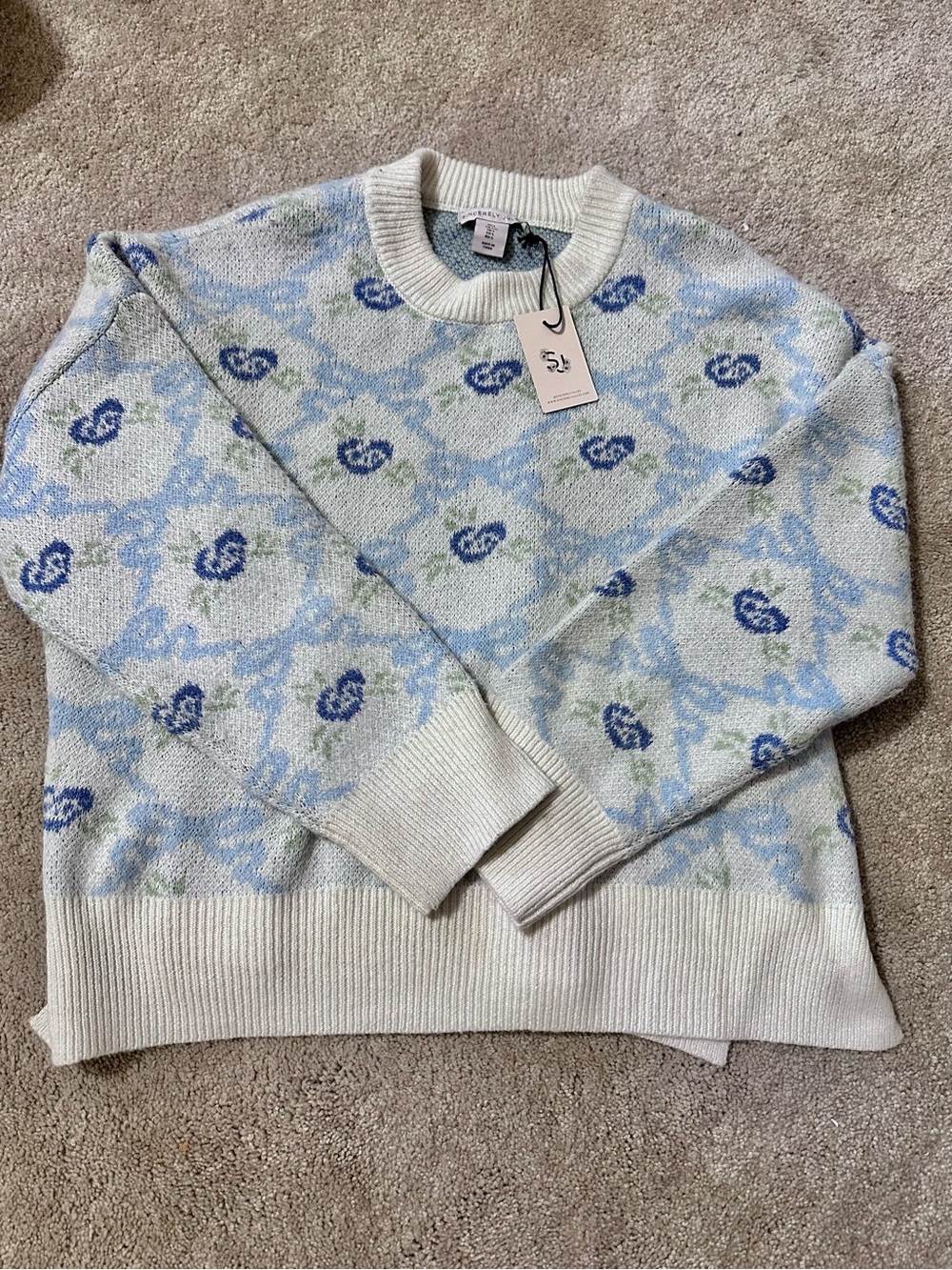 Sincerely Jules Cream Crewneck Sweater with Light & Dark Blue Pattern
